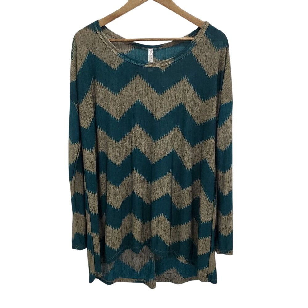 Womens Long Sleeve Chevron Tunic Top Blouse Size L Green Beige High Low Sheer